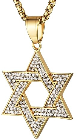HZMAN Star of David Necklace for Men Women Stainless Steel Cubic Zirconia Hexagram Pendant Jewish Israel Jewelry Gift (Gold)
