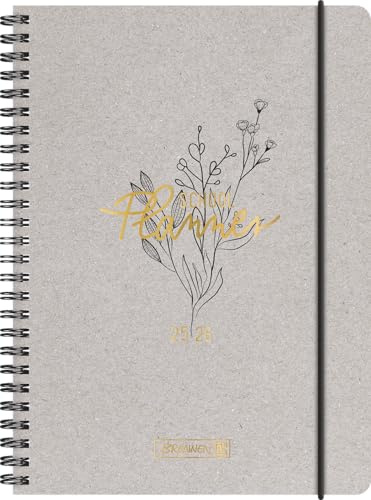 BRUNNEN Schülerkalender (2025/2026) Botanical, 2 Seiten = 1 Woche, A5, 208 Seiten, Naturkarton-Umschlag, grau
