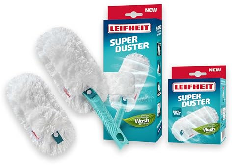 Leifheit SUPERDUSTER avec housse de rechange, plumeau long extensible, textile lavable microfibre à 360 degrés, compatible avec le Click-System, laver au lieu de jeter