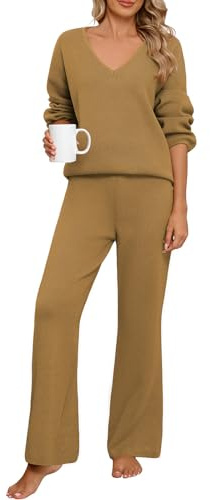 PASUDA Tuta Donna Completa Elegante 2 Pezzi Pigiama Invernale Autunno Maglioni Maniche Lunghe Scollo V Pantaloni a Gamba Larga Elastico in Vita Set Sportiva Abbigliamento Lounge Casa (Kaki, S)