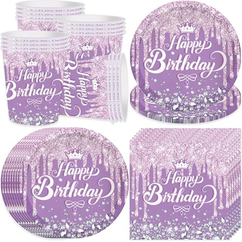 Bikasun Viola Stoviglie Per Feste, 16 Ospiti Compleanno Stoviglie Viola Diamante, tazze, tovaglioli, piatti di carta, per bambini Compleanno
