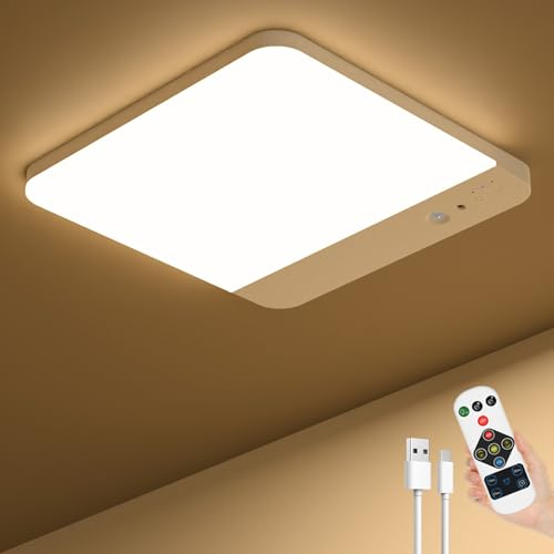 Toowell Akku Lampe mit Bewegungsmelder Innen Akku Deckenlampe Ohne Bohren | Batteriebetriebene Deckenleuchte Ohne Stromanschluss LED Deckenleuchte mit Fernbedienung für Badezimmer Treppe Garage,1 Stück