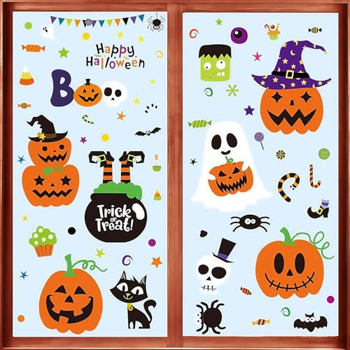 Décorations d'Halloween pour Fenêtres Autocollantes, Citrouilles, Fantômes, Araignées, Bonbons Images, 9 Feuilles, Enfants Autocollants pour Fenêtres et Portes
