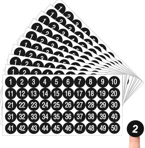 Nummern-Aufkleber Set 1-50, 10 Blatt, Selbstklebende Zahlen in Schwarz, 2,5 cm, 500 Stück für Inventar und Organisation