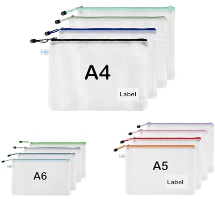 12er-Pack gemischte Größen Zipper-Geldbörsen (A4/A5/A6) mit Etikettentasche – TRANBO Zip Beutel & Dokumentenmappen für Büro, Schule, Zuhause, Reise – Mehrfarbig