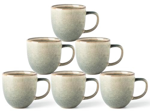 GBhome Steingut Kaffeetassen 6 Pers. 350 ml, Kaffeetassen mit großem Henkel für Latte, Cappuccino, Milch, Kakao, spülmaschinen- und mikrowellengeeignet, Desret Salbei