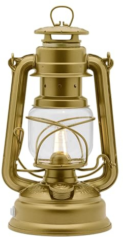 Feuerhand Baby Special 276 LED Laterne Gold - Tischlampe Dimmbar | Warmweisses Licht fuer Camping, Balkon und Terrasse - Akkubetrieb oder Batterie - 150 Lumen - Made in Germany