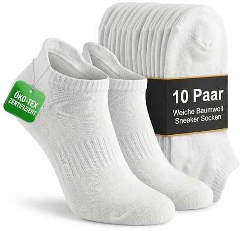 Cozita bomullssneakers strumpor för kvinnor och män, 10-pack – andas, anti-bubblor, luktkontroll och formbeständighet – perfekt för gym, resor och vardag, 10 x vita, 35-38 EU