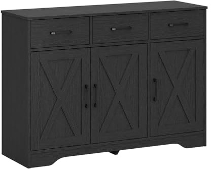 Panana Wooden Sideboard 3 Drawers 3 Doors Entryway Dining Room Console Living Room Storage Farmhouse Sideboard Cabinet (Black)