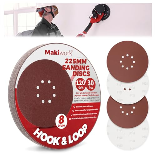 Makiwork 30PCS 9-Inch 8-Hole 120 Grit Hook & Loop Sanding Discs – Heavy-Duty Aluminum Oxide Sandpaper for Drywall Sander, Paint Removal, Wood & Metal Surface Prep