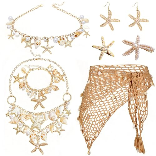 5 Stück Meerjungfrau Kostüm Damen, Sirenen Kostüm Meerjungfrau Accessoires Zubehör Set mit Sarong Häkelrock Muschel Kette Bauchkette Armband Ohrringe für Faschingskostüme Karneval Cosplay Strandparty