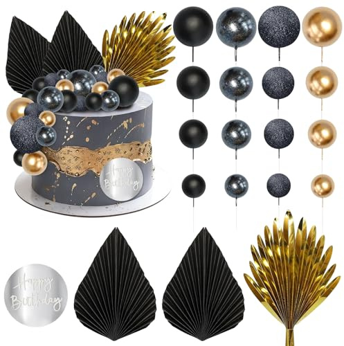 28 Piezas Decoracion Tartas Cumpleaños Negro Oro Bolas Decoracion Tartas Hojas de Palmera Abanico de Papel Boho Decoración Tarta Bodas Graduación