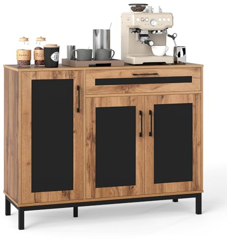 COSTWAY Sideboard i trä, köksskåp med låda, 3 dörrar, avtagbara hyllor, 120 x 41 cm bänkskiva, bufféskåp för kök, matsal, förvaringsskåp, natur + svart