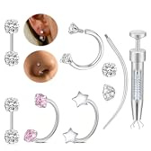 Horseshoe Nose Ring Hoops Silver septum piercing jewellery 18G Piercing Taper Push Pin Nose Ring Ball Grabber Tool CZ Lip Eyebrow Helix Daith Tragus Cartilage Ear Piercing Jewelry for Women Men 8mm