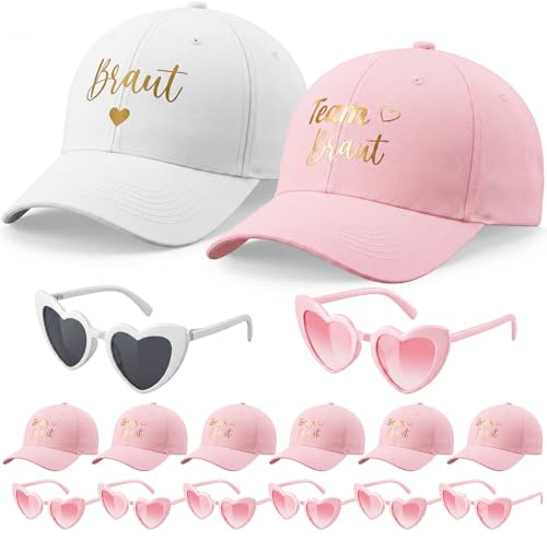 BBTO 16er JGA Accessoires Set | 7 Rosa Team Braut Baseballcap, 1 Weiße Braut Baseballcap, 8 Party-Sonnenbrillen, Junggesellinnenabschied, Hochzeit, Foto