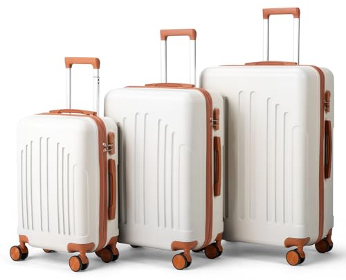 LALAHO Kofferset 3 teilig Hartschale (Beige-Braun) | Reisekoffer mit Rollen Groß, Koffer Set 3 Stück aus ABS, Handgepäck Koffer