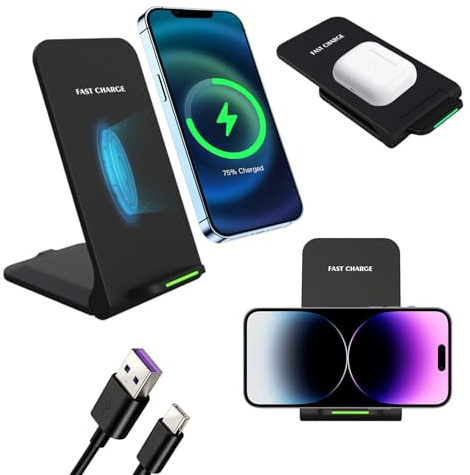 15W Foldable Wireless Charger Stand Inductive Mobile Phone Charging Dock | for iPhone 17/16/15/14/13/12/Samsung Galaxy S24/S23/S22/Google Pixel and Qi-Enabled Phones Black