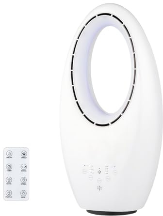 ROVSUN Ventilador sin Aspas de Mesa 56 cm, Ventilador Silencioso con Mando a Distancia, 3 Velocidades y 4 Modos, Oscilación 60°, Temporizador 7.5H y Luz Ambiental LED