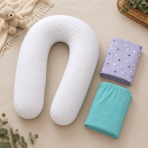 Babysom – Pack de cojín de maternidad Duo – Cojín de lactancia + 2 fundas (estrella gris y minky menta) – XXL 170 cm – Frescura y confort – Oeko-Tex
