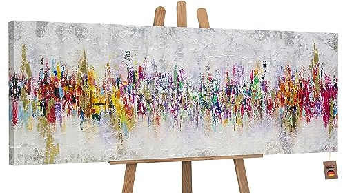 YS-Art Pintura abstracta sobre lienzo en acrílico Abstracción II Colores claros con dorado Decoración del hogar Pintado a mano 150x50 cm