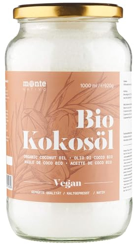 Kokosöl Bio Monte Nativo 1000ml (1L) - Kokosnussöl in Rohkostqualität | Coconut Oil - Reines Kokosfett - Bio Kokosöl nativ kaltgepresst zum Kochen, Braten und Backen, für die Haare, Zähne und Haut