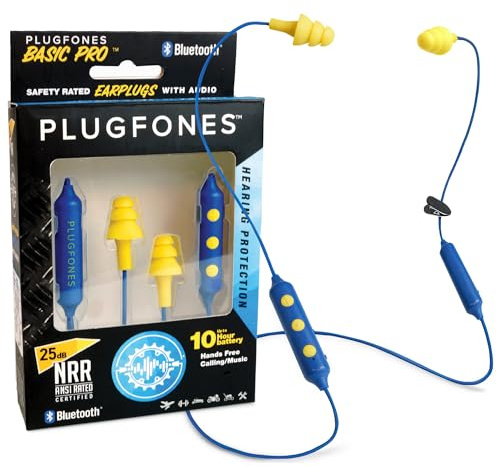 Plugfones Basic Pro Earplug Headphones Wireless Bluetooth in-Ear Earplug Earbuds 25 dB Noise Reduction Rating OSHA Compliant Hearing Protection with Noise Isolating Mic and Controls (Blue & Yellow)