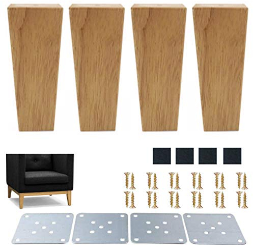 4 Stück Massivholz Möbelbeine,Eckig Eiche Möbelfüße TV-Schrankbeine,Trapez Pyramide Ersatz Sofafüße,für Kommode,Couchtisch,Bett,Ottomane,Holzfarbe,mit Montageplatte und Schrauben (15cm/5.9)
