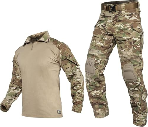 YEVHEV Taktischer Anzug für Herren, Hemd und Hose mit Knieschützern und Ellbogenschützern, für Outdoor-Aktivitäten, ohne Gürtel