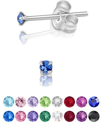 Pendientes de Botón Plata Ley 925 on Cristales Brillantes Azul Zafiro - Pendientes Pequeños Mujer Plata 925 - Punto de Luz Hipoalergénicos sin Niquel - Diámetro 2 mm