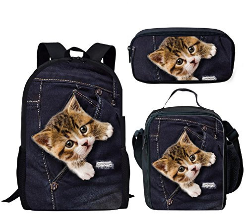 Binienty 3-in-1-Rucksack mit Lunchtasche und Federmäppchen für Kinder, Jungen, Mädchen, Schulschulranzen, Pocket Kitten, Einheitsgröße,