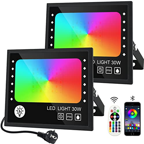 CREATESTAR RGB Strahler 30W, RGB LED Strahler mit 16 Millionen Farben 28 Modi Farbwechsel Dimmbar, Fernbedienung und APP Kontrolle RGB Fluter IP66 Wasserdicht Außenstrahler für Garten Party Baum