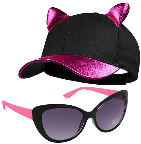 CityComfort Cappellino Baseball Regolabile e Protezione UV Occhiali da Sole Bambina Set (Nero/Rosa)