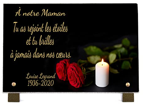 PHENIX | Plaque Funéraire Bougie, Plaque Funéraire Personnalisable Roses en Pierre (18x12 cm) - Plaque mortuaire - Texte 100% Personnalisable - Résistante aux UV - Bougie & Roses Rouges