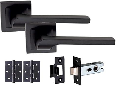 Golden Grace Sigma Door Handle Set on Square Rose, Matt Black, 1 Set | Includes 3 ball bearing hinges, spindle, screws, and a 64mm latch for a complete, hassle-free internal installation.