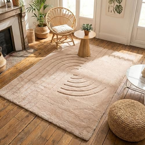 FRAAI | Home & Living Hochflor Teppich - Carvy Curves Taupe - 160x230 cm - Boho, Modern, Skandinavisch - Wohnzimmer, Kinderzimmer, Schlafzimmer, Babyzimmer - Fellteppich