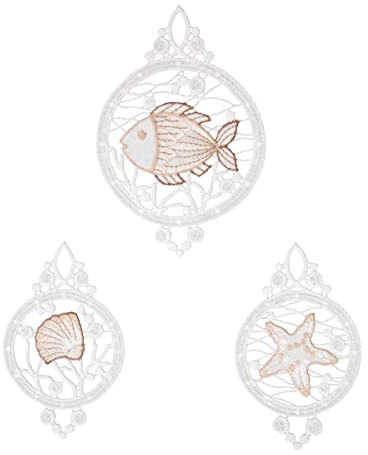 Plauener Spitze Fensterbild Unterwasser 3er-Set, ecru-beige, verschiedene Größen, Plauener Spitze Fensterdeko Fensterschmuck Bilder Handarbeit Deko Fenster