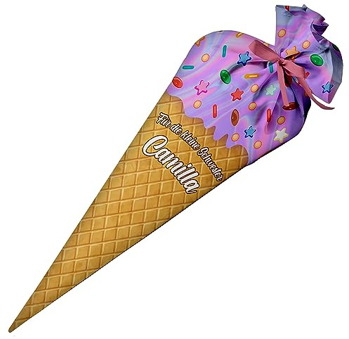 Ferocity Schultüte in Eis Form für Mädchen und kleine Schwestern, Personalisierte Tüte, aus Stoff, 35 cm Zuckertüte mit Namen, mit Füllung, kleine Tüte als Kissen [149]