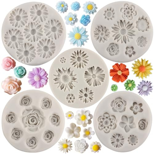 MYPRACS 5 Stück Blumen Silikonform Rose Gänseblümchen Chrysantheme Blumen Fondant Form zum Dekorieren von Kuchen Cupcake Topper Zuckerhandwerk Gummipaste Süßigkeiten Schokolade Polymer Ton