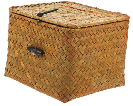 VINTORKY Korb Aufbewahrung mit Deckel aus Stroh Teebox für Zuhause Dekorative Aufbewahrungsbox Hält den Haushalt Ordentlich