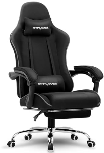 GTPLAYER Gaming Chair with Footrest, Computer Chair with and Lumbar Support, Height Adjustable Game Chair with 360°-Swivel Seat and Headrest and for Office or Gaming (All Black-Fabric)