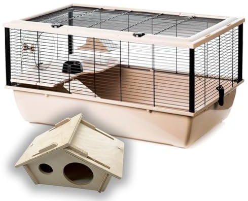 Großer Hamsterkäfig für Nagetiere + Holzhaus ca. 80 cm Hochwertig mit Holz Zubehör Nagerkäfig Haustier Kleintiere