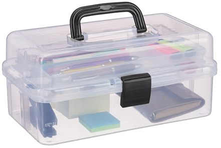 Relaxdays Aufbewahrungsbox 9 Fächer, Sortierbox Bastelmaterial, Nähzeug, HxBxT: 14,5 x 33 x 19 cm, transparent/schwarz