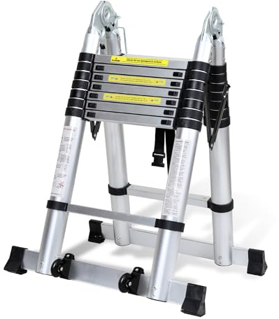 Cecaylie 5M Teleskopleiter A Frame, Aluminium Klappleiter Mit Dreiecksstabilisator und Rädern, Tragbare Teleskop-Ausziehleiter Max Belastung 150 kg (2,5M+2,5M-Silber)