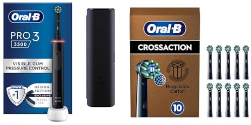 Oral-B Pro 3 Electric Toothbrush For Adults, 3 Modes with Teeth Whitening, 2 Pin UK Plug, Black + 10 Black OralB Pro Cross Action Toothbrush Head, X-Shape And Angled Bristles for Deeper Plaque Removal