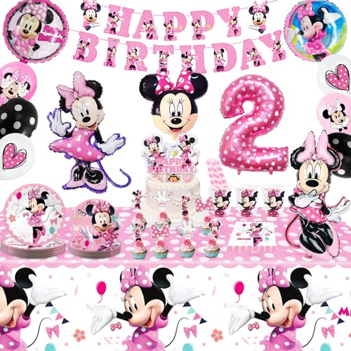 Partygeschirr 109 Stück Minnie Geburtstagsdeko Mädchen Junge Deko 2 Jahre, Thema Kindergeburtstag Luftballons Decoration Minni Partygeschirr Deko Set mit Luftballons Banner Teller Tortendeko