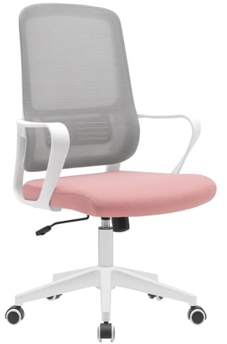 BAKAJI Chaise de Bureau Ergonomique avec roulettes pivotantes Anti-Rayures, Dossier en Tissu Respirant et Support Lombaire, Fauteuil d'étude Bureau réglage Hauteur gaz 98-108 cm (Rose et Gris)