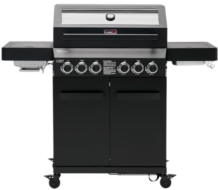 CosmoGrill 6 Burner Platinum Yamara Dark 4+2 Gas BBQ, Viewing Glass, 4 Main Burners, 1 Ceramic Sear Zone, 1 Back Grill, Cast Iron Grills & Bamboo Storage (Black)
