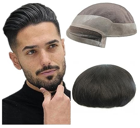 Zhaoj24-05 Parrucca da uomo Mono fine con base in poly PU, Pezzi di capelli umani #1B Nero, 10x8 pollici, Protesi per capelli maschili