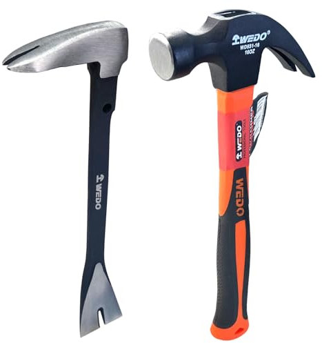 WEDO Ensemble de pied-de-biche et marteau à panne fendue, extracteur de clous de 30,5 cm, marteau à panne fendue de 453,6 g, pied de biche en acier à haute teneur en carbone, outil de retrait des