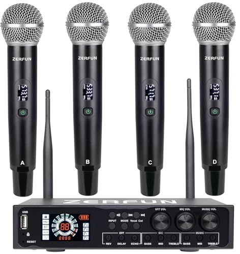 ZERFUN Pro 4 Channel Wireless Microphone System Rechargeable & Pre Effector, UHF Metal Handheld Cordless Mics with LCD Display, Vocal Cut, Bluetooth, USB Port, XLR, 1/4, Optical, RCA Input/Output
